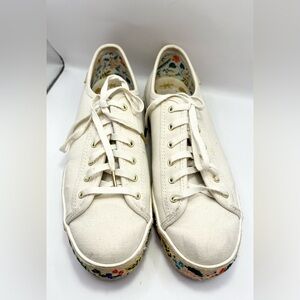 Platform Keds Off White Canvas Sneakers with Embroidered Floral Trim